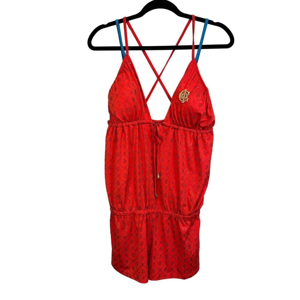 Coogi Swimsuit L One Piece Beach Spaghetti Stretchy Monogram Romper Red